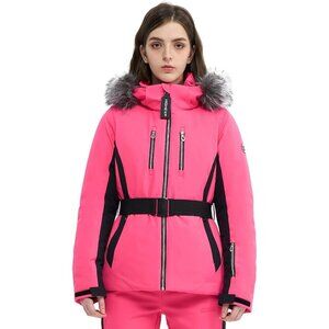 Women Hot Pink Ski Jacket Coat Belted Mountain Waterproof Winter